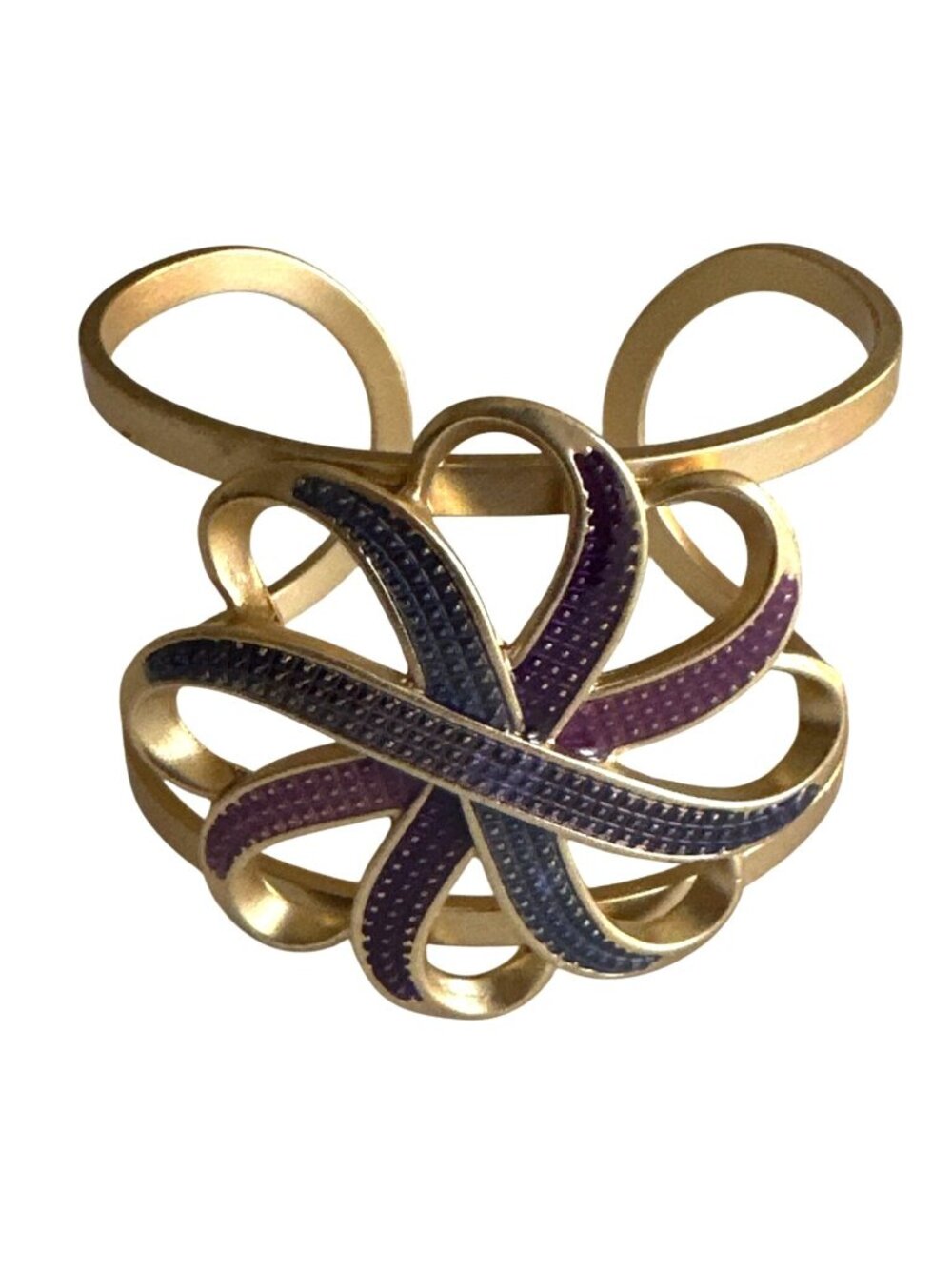 Peace Infinity Power Cuff Bracelet Purple Blue Enamel Flower Gold Tone Vintage